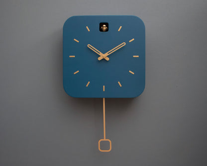 Minimalist Cuckoo Clock, Fresco Blue Wall Clock with Brass Details, Modern Home Décor