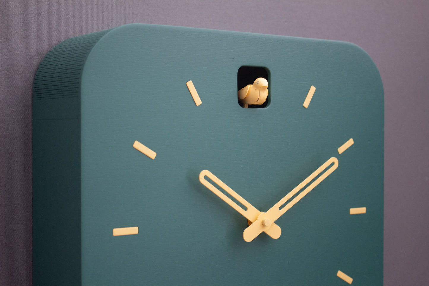 Minimalist Cuckoo Clock, Firuze Wall Clock with Saffron Details, Modern Home Decor