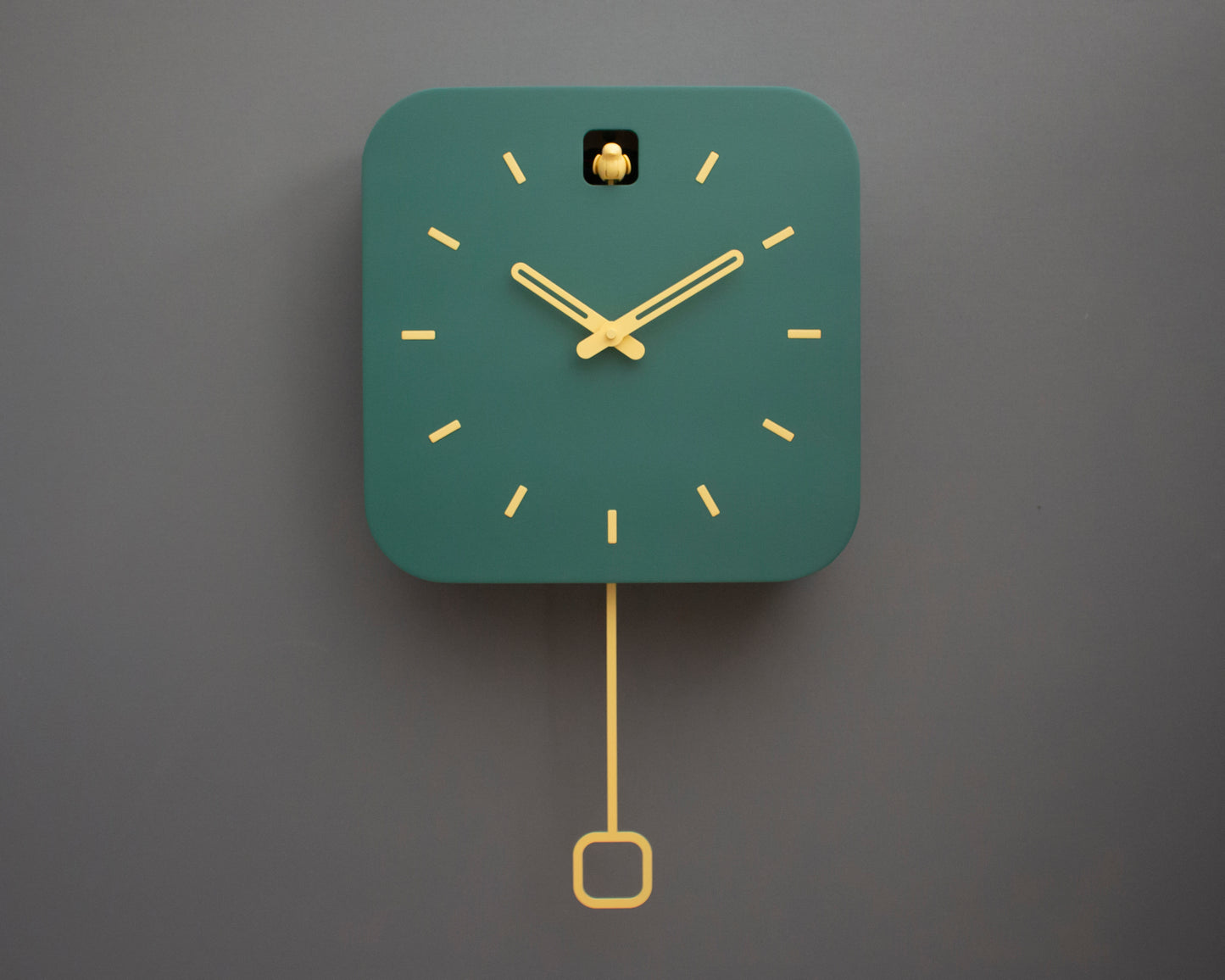 Minimalist Cuckoo Clock, Firuze Wall Clock with Saffron Details, Modern Home Decor