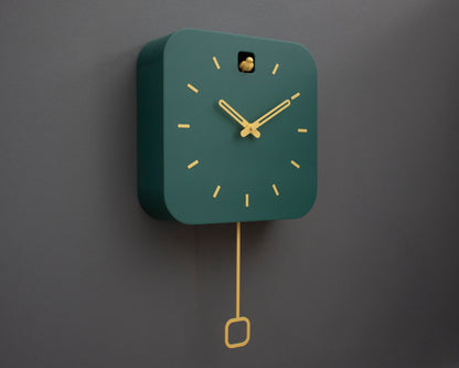 Minimalist Cuckoo Clock, Firuze Wall Clock with Saffron Details, Modern Home Decor