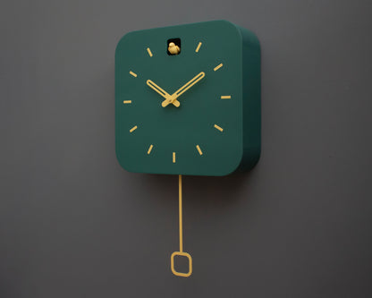 Minimalist Cuckoo Clock, Firuze Wall Clock with Saffron Details, Modern Home Decor
