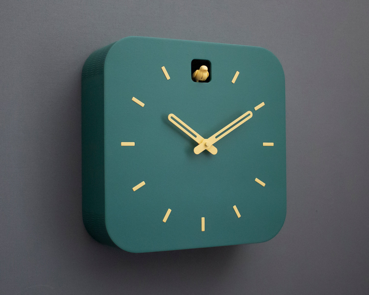 Minimalist Cuckoo Clock, Firuze Wall Clock with Saffron Details, Modern Home Decor