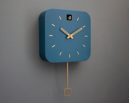 Minimalist Cuckoo Clock, Fresco Blue Wall Clock with Brass Details, Modern Home Décor