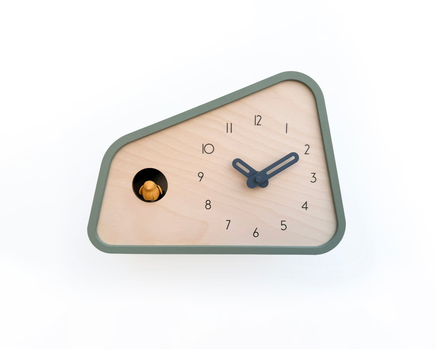Modern Cuckoo Clock - Muted Green with Amber bird and Wind clock hands