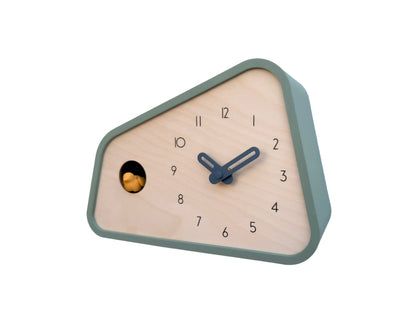 Modern Cuckoo Clock - Muted Green with Amber bird and Wind clock hands