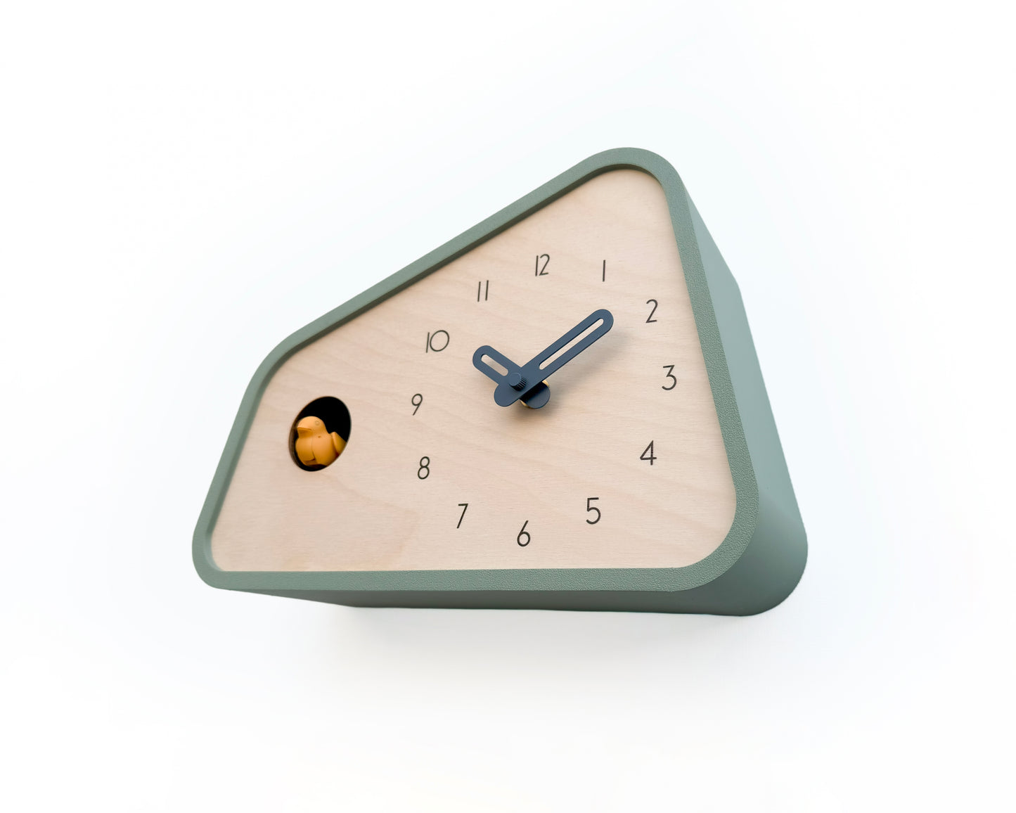 Modern Cuckoo Clock - Muted Green with Amber bird and Wind clock hands