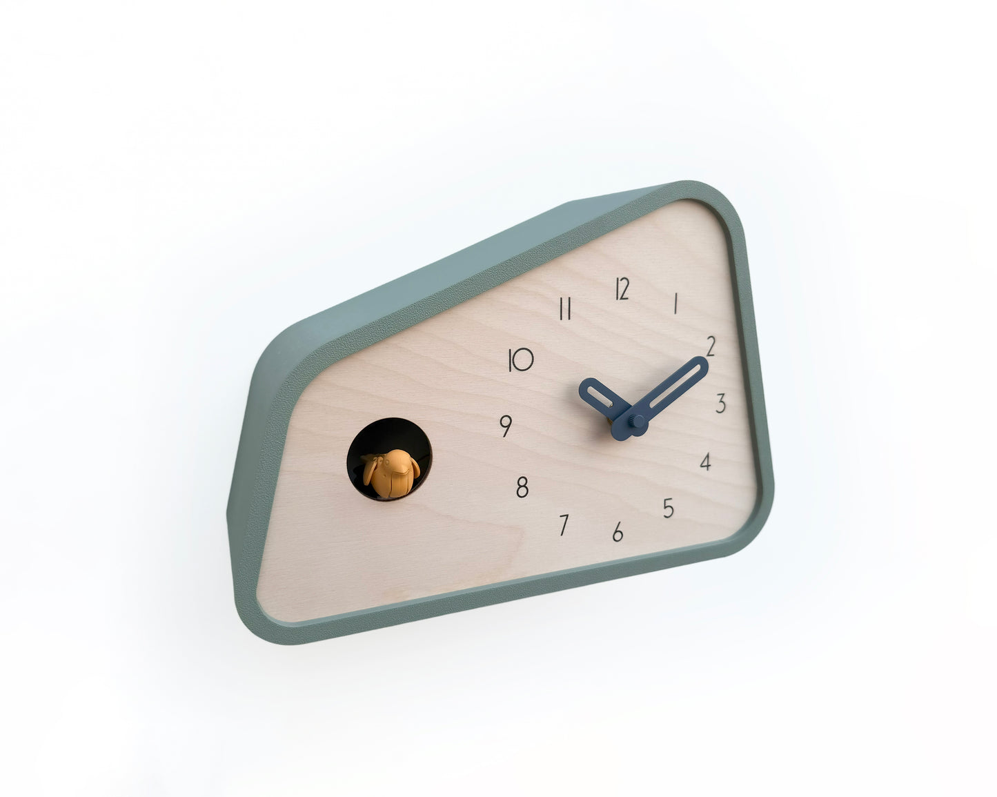 Modern Cuckoo Clock - Muted Green with Amber bird and Wind clock hands