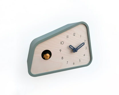 Modern Cuckoo Clock - Muted Green with Amber bird and Wind clock hands