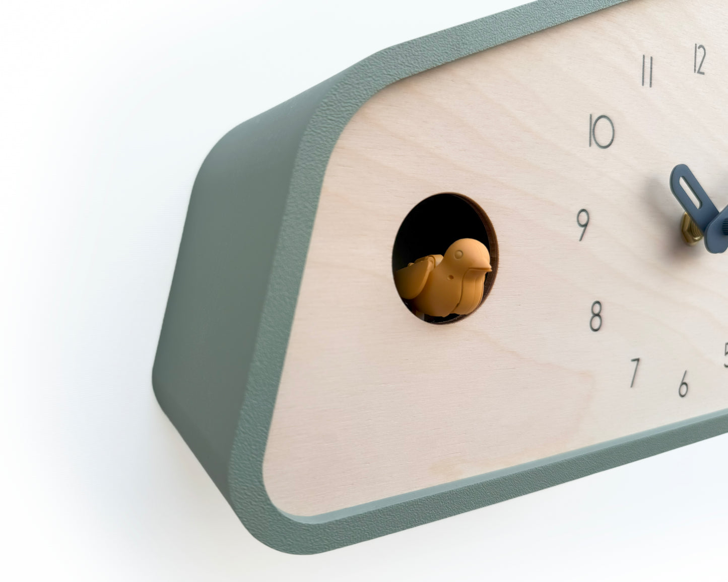 Modern Cuckoo Clock - Muted Green with Amber bird and Wind clock hands