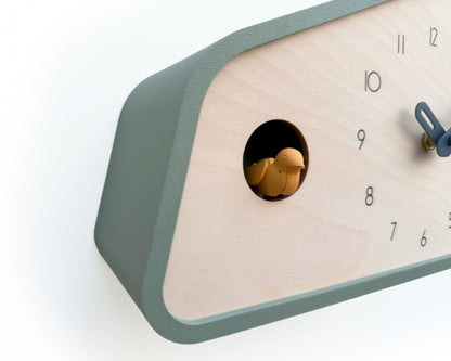 Modern Cuckoo Clock - Muted Green with Amber bird and Wind clock hands