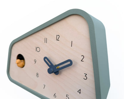 Modern Cuckoo Clock - Muted Green with Amber bird and Wind clock hands
