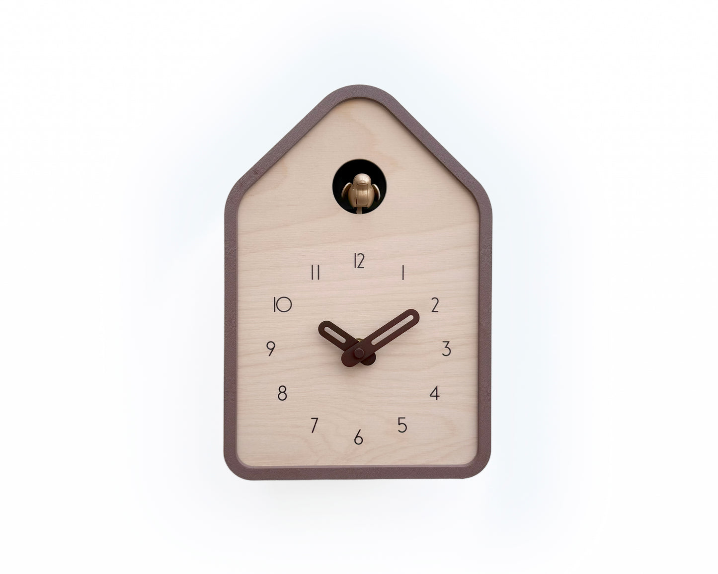 Modern Cuckoo Clock – Light Brown with Brass painted bird and dark brown hands