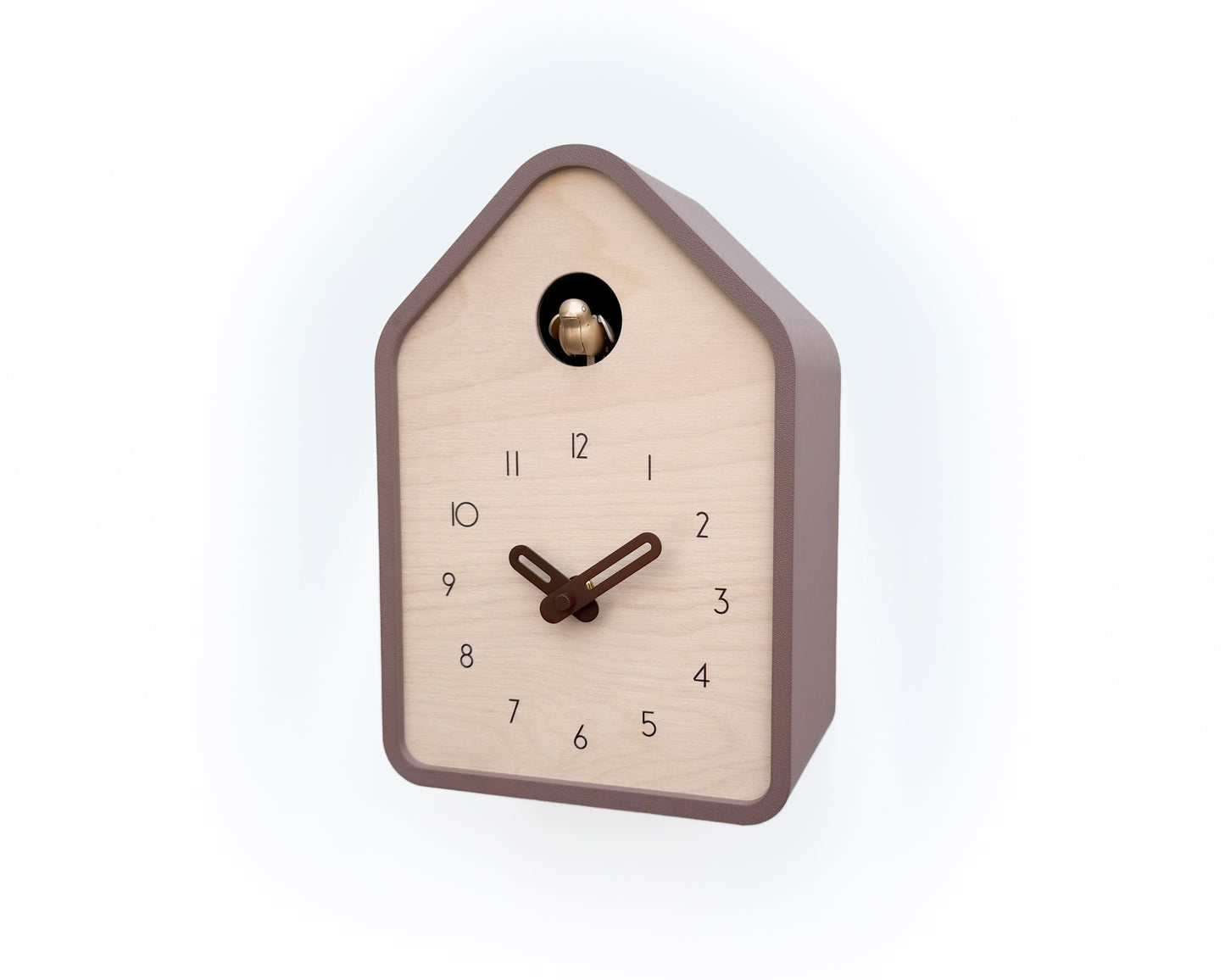 Modern Cuckoo Clock – Light Brown with Brass painted bird and dark brown hands