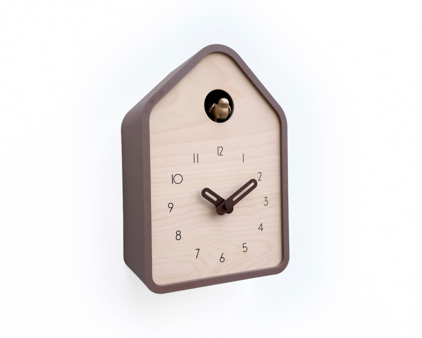 Modern Cuckoo Clock – Light Brown with Brass painted bird and dark brown hands