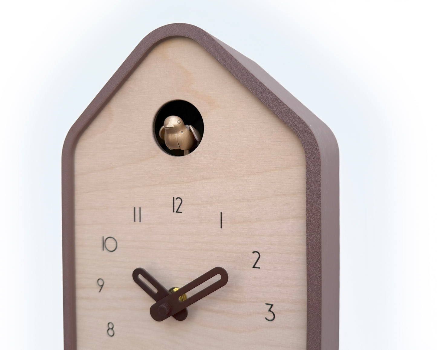 Modern Cuckoo Clock – Light Brown with Brass painted bird and dark brown hands