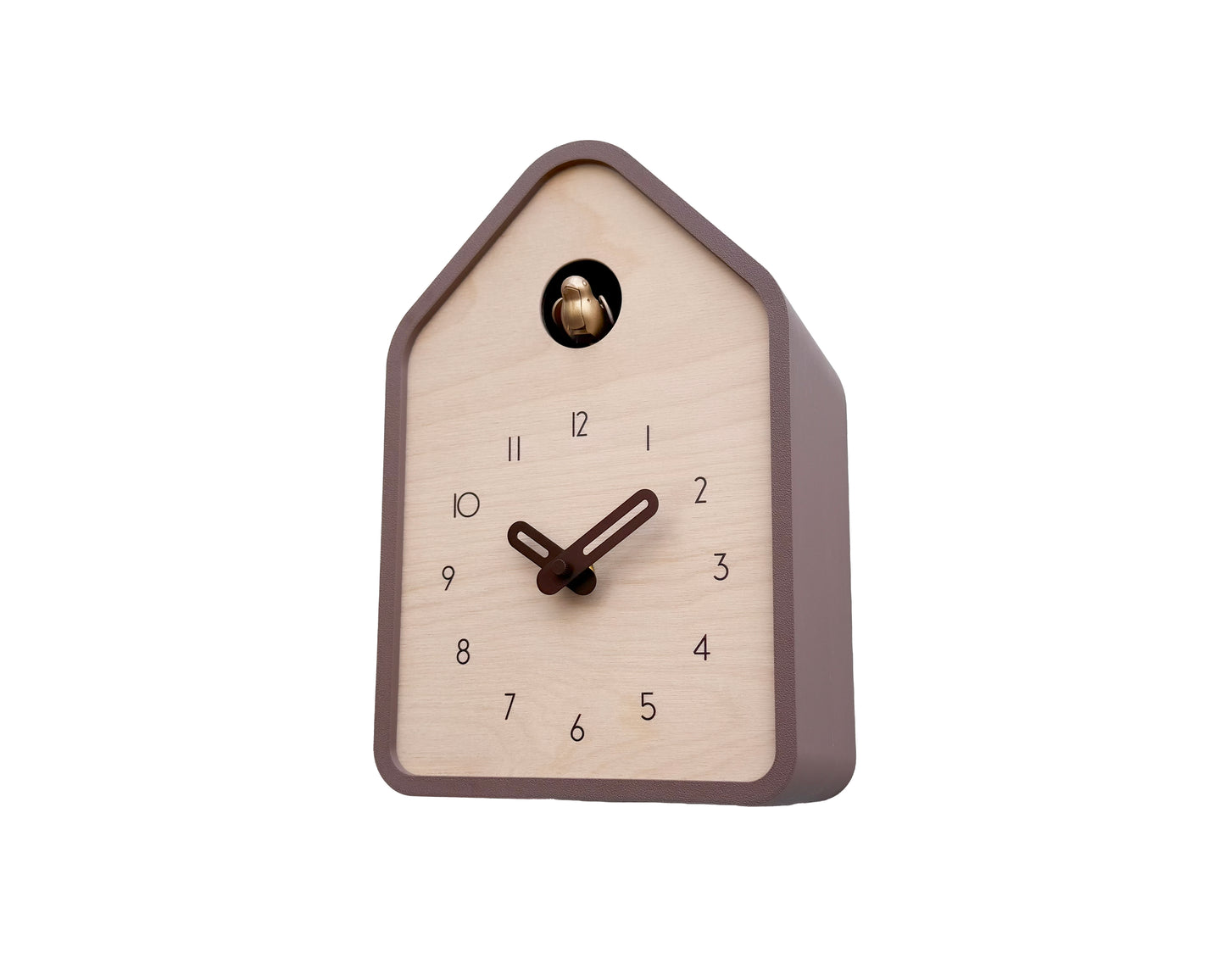 Modern Cuckoo Clock – Light Brown with Brass painted bird and dark brown hands