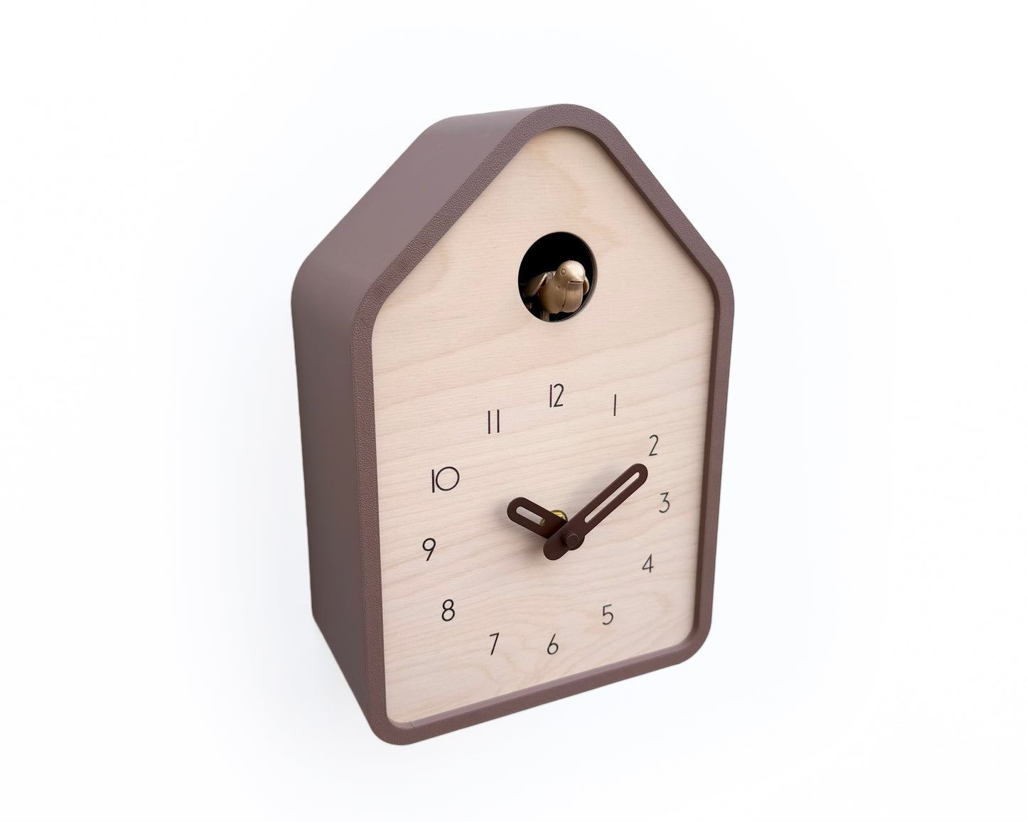 Modern Cuckoo Clock – Light Brown with Brass painted bird and dark brown hands