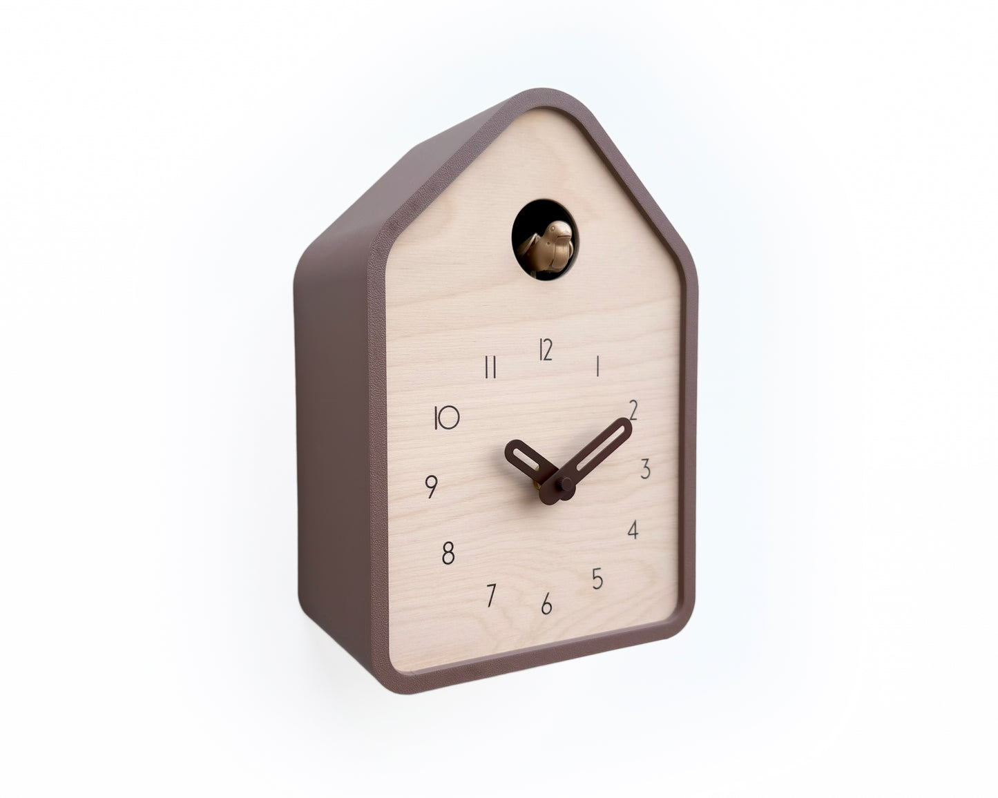 Modern Cuckoo Clock – Light Brown with Brass painted bird and dark brown hands