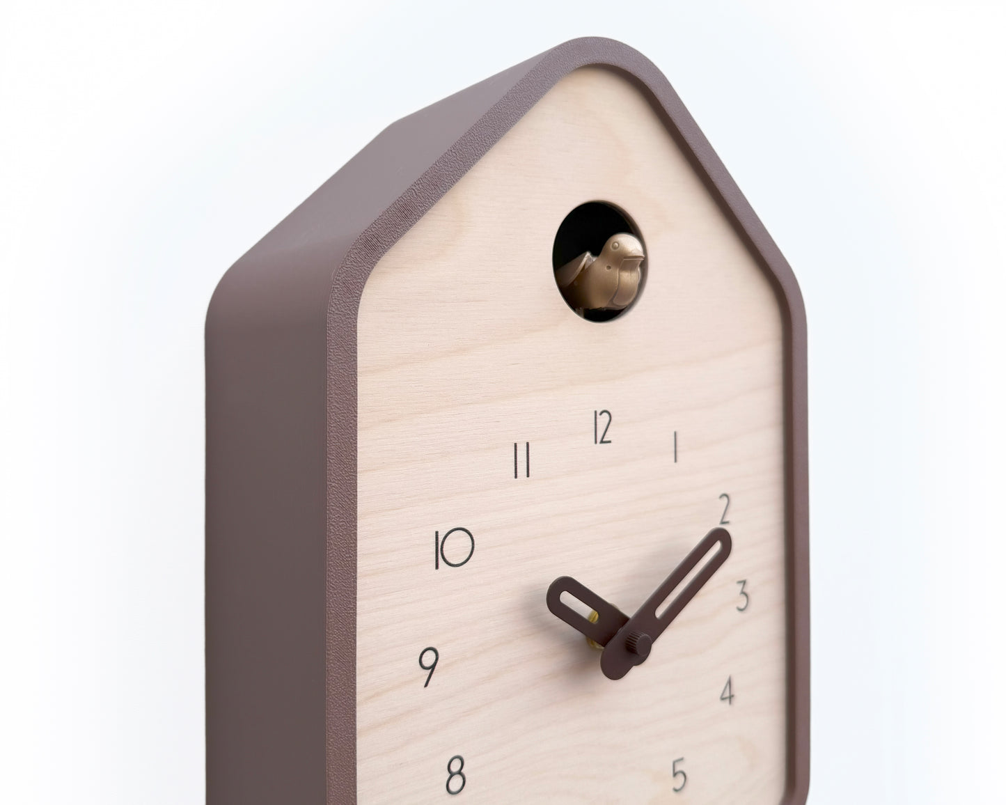 Modern Cuckoo Clock – Light Brown with Brass painted bird and dark brown hands