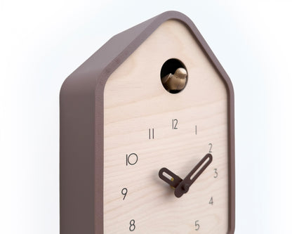Modern Cuckoo Clock – Light Brown with Brass painted bird and dark brown hands