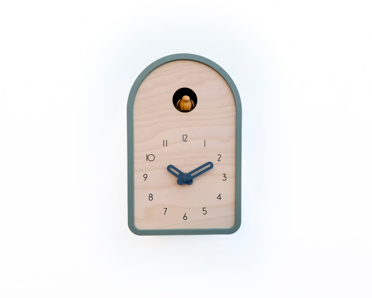 Modern Cuckoo Clock - Muted Green with Amber Bird and Wind Clock Hands