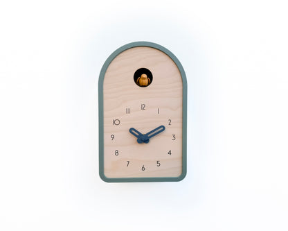 Modern Cuckoo Clock - Muted Green with Amber Bird and Wind Clock Hands