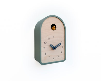 Modern Cuckoo Clock - Muted Green with Amber Bird and Wind Clock Hands