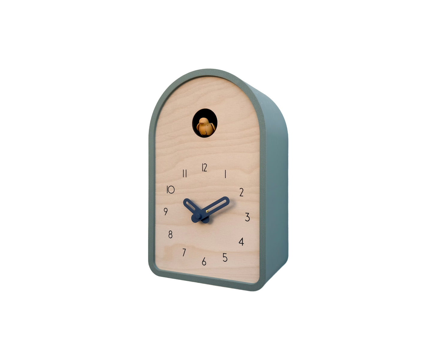 Modern Cuckoo Clock - Muted Green with Amber Bird and Wind Clock Hands