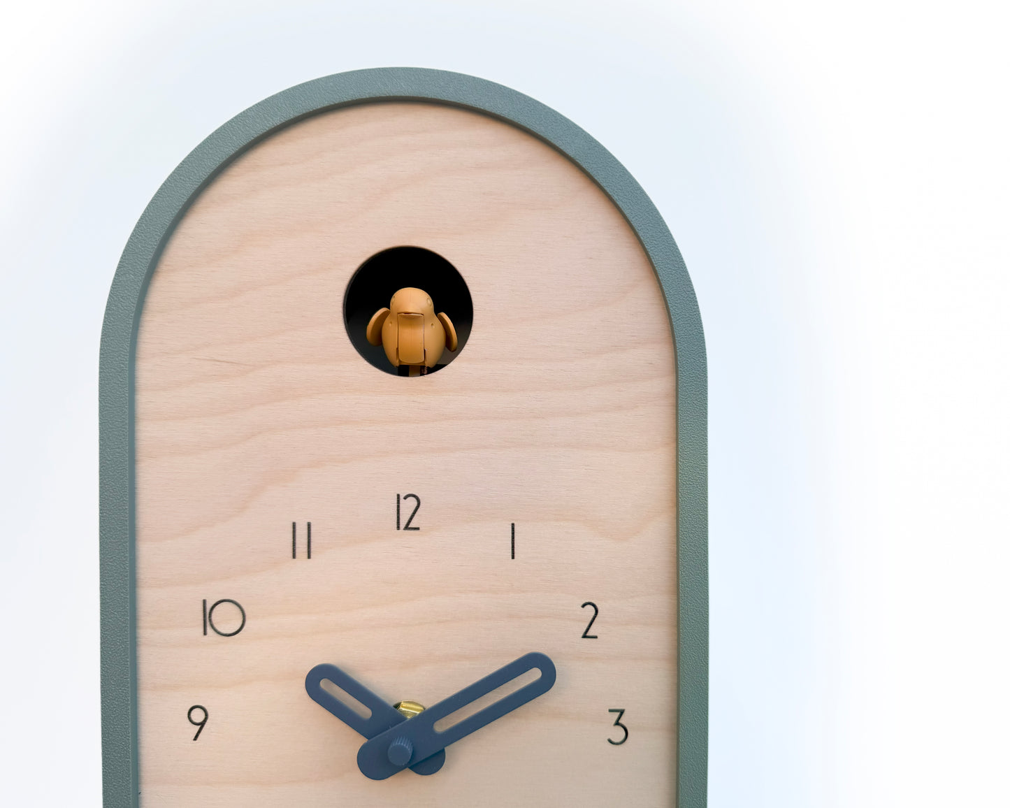 Modern Cuckoo Clock - Muted Green with Amber Bird and Wind Clock Hands