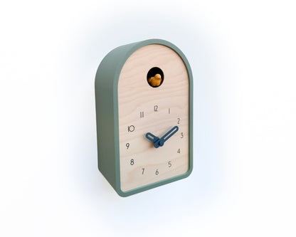 Modern Cuckoo Clock - Muted Green with Amber Bird and Wind Clock Hands
