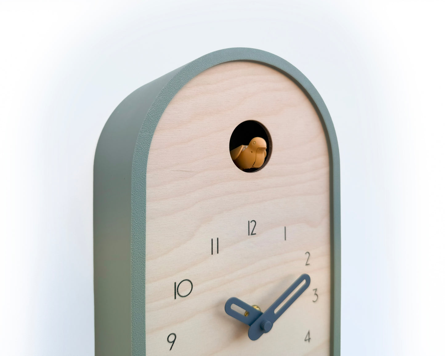 Modern Cuckoo Clock - Muted Green with Amber Bird and Wind Clock Hands