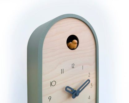 Modern Cuckoo Clock - Muted Green with Amber Bird and Wind Clock Hands