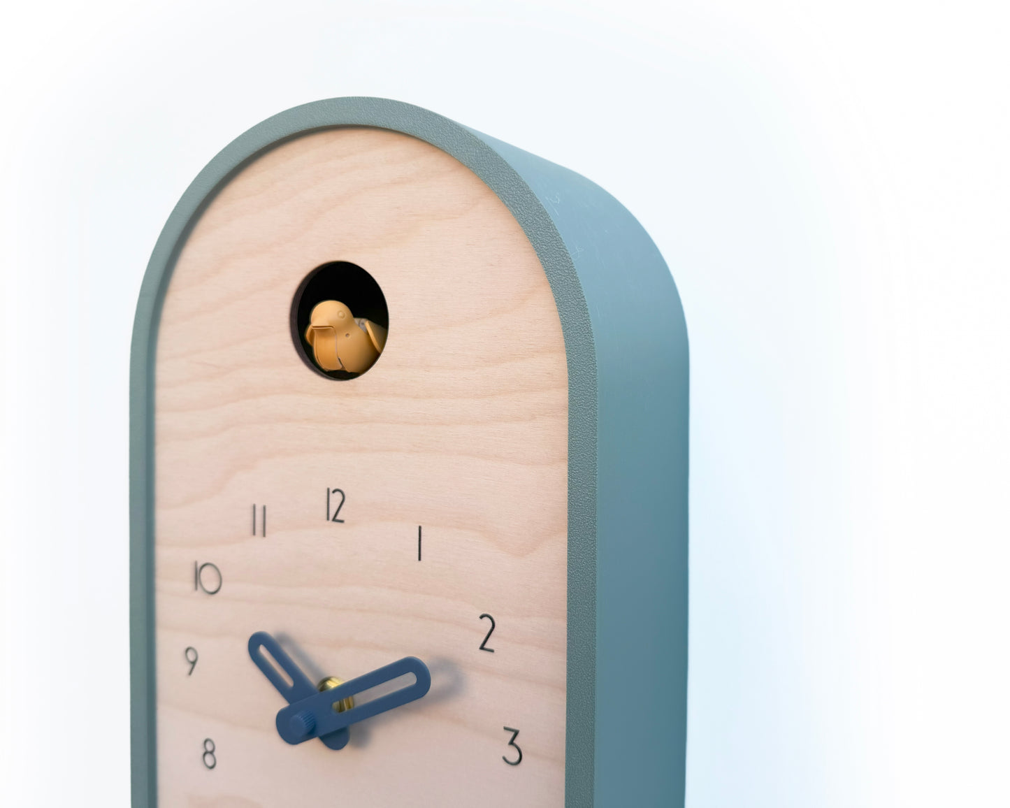 Modern Cuckoo Clock - Muted Green with Amber Bird and Wind Clock Hands