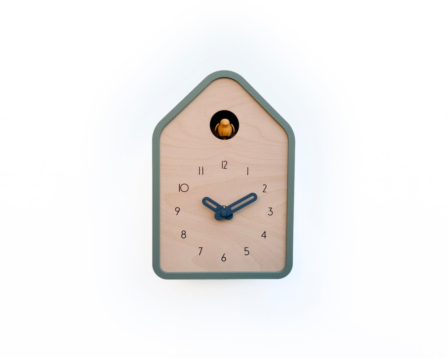 Modern Cuckoo Clock - Muted Green with Amber bird and Wind clock hands