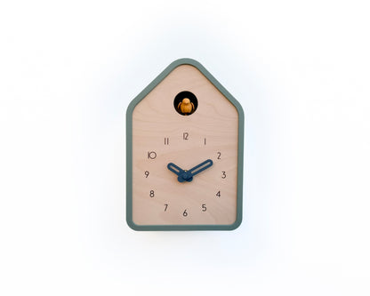Modern Cuckoo Clock - Muted Green with Amber bird and Wind clock hands