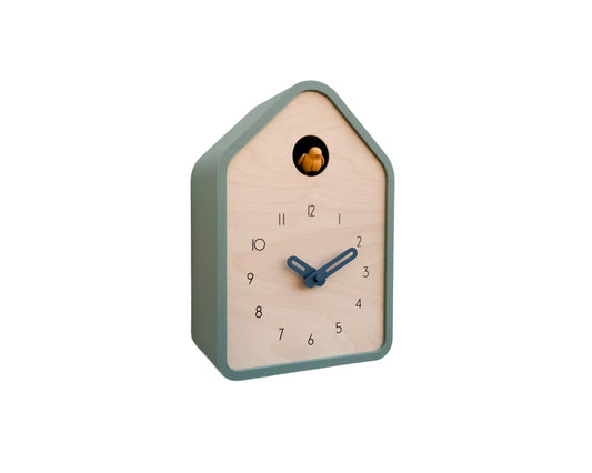 Modern Cuckoo Clock - Muted Green with Amber bird and Wind clock hands