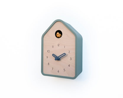 Modern Cuckoo Clock - Muted Green with Amber bird and Wind clock hands