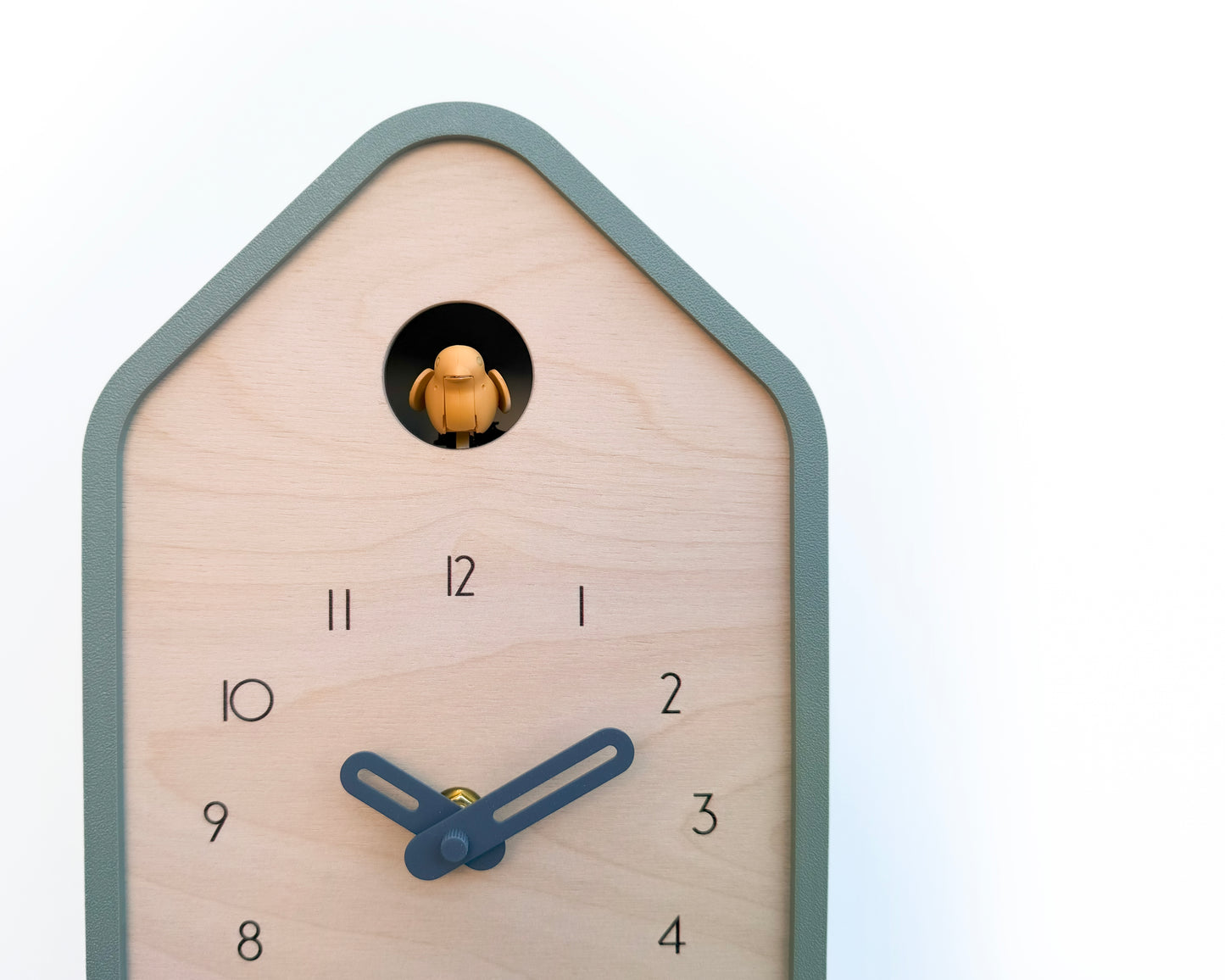 Modern Cuckoo Clock - Muted Green with Amber bird and Wind clock hands