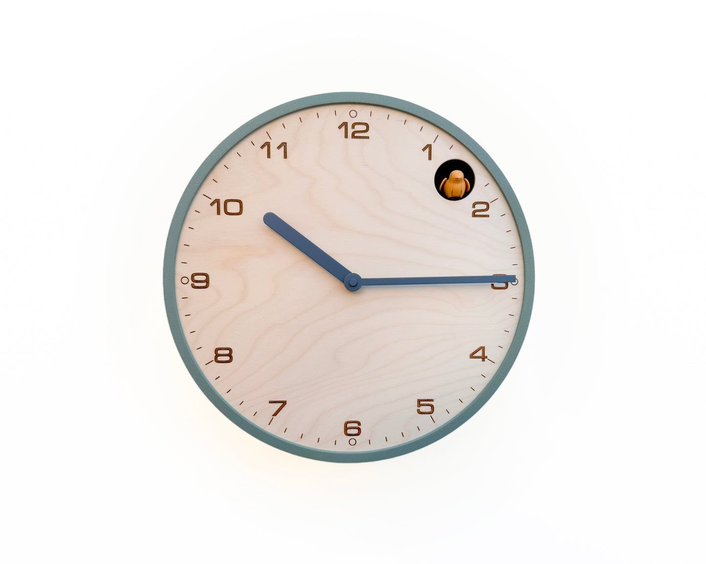 Modern Cuckoo Clock, Muted Green Case, Birch Wood Face, Minimalist Wall Décor
