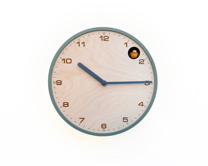 Modern Cuckoo Clock, Muted Green Case, Birch Wood Face, Minimalist Wall Décor