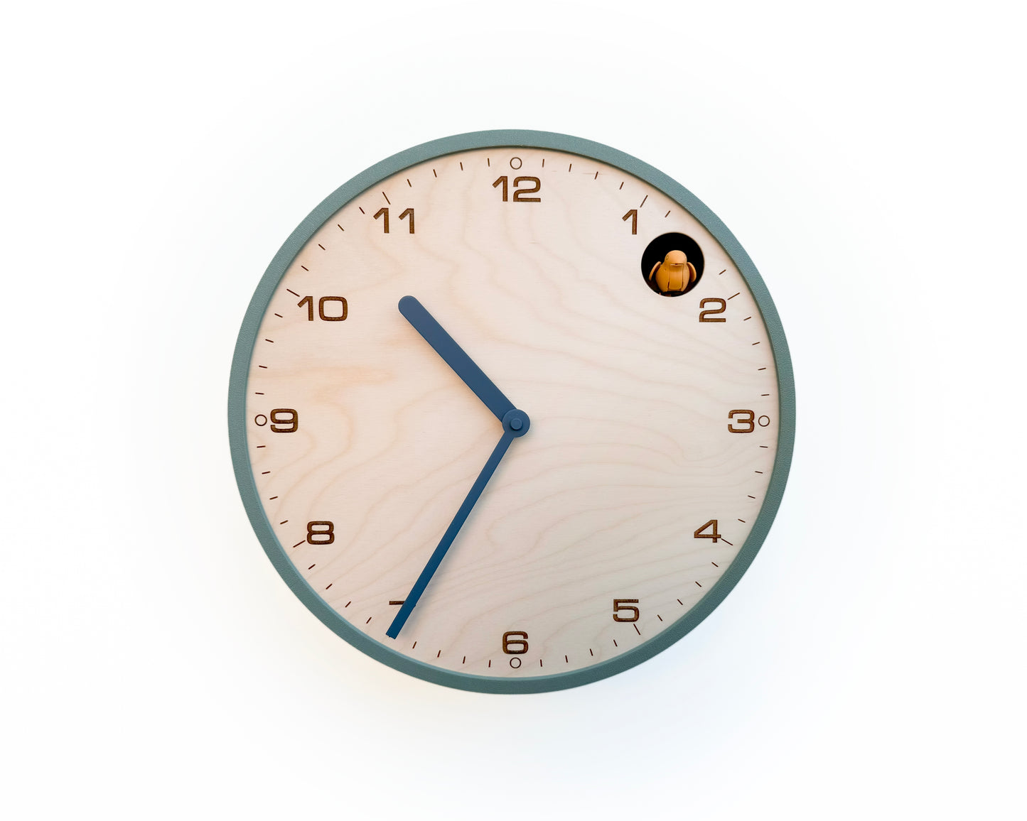 Modern Cuckoo Clock, Muted Green Case, Birch Wood Face, Minimalist Wall Décor