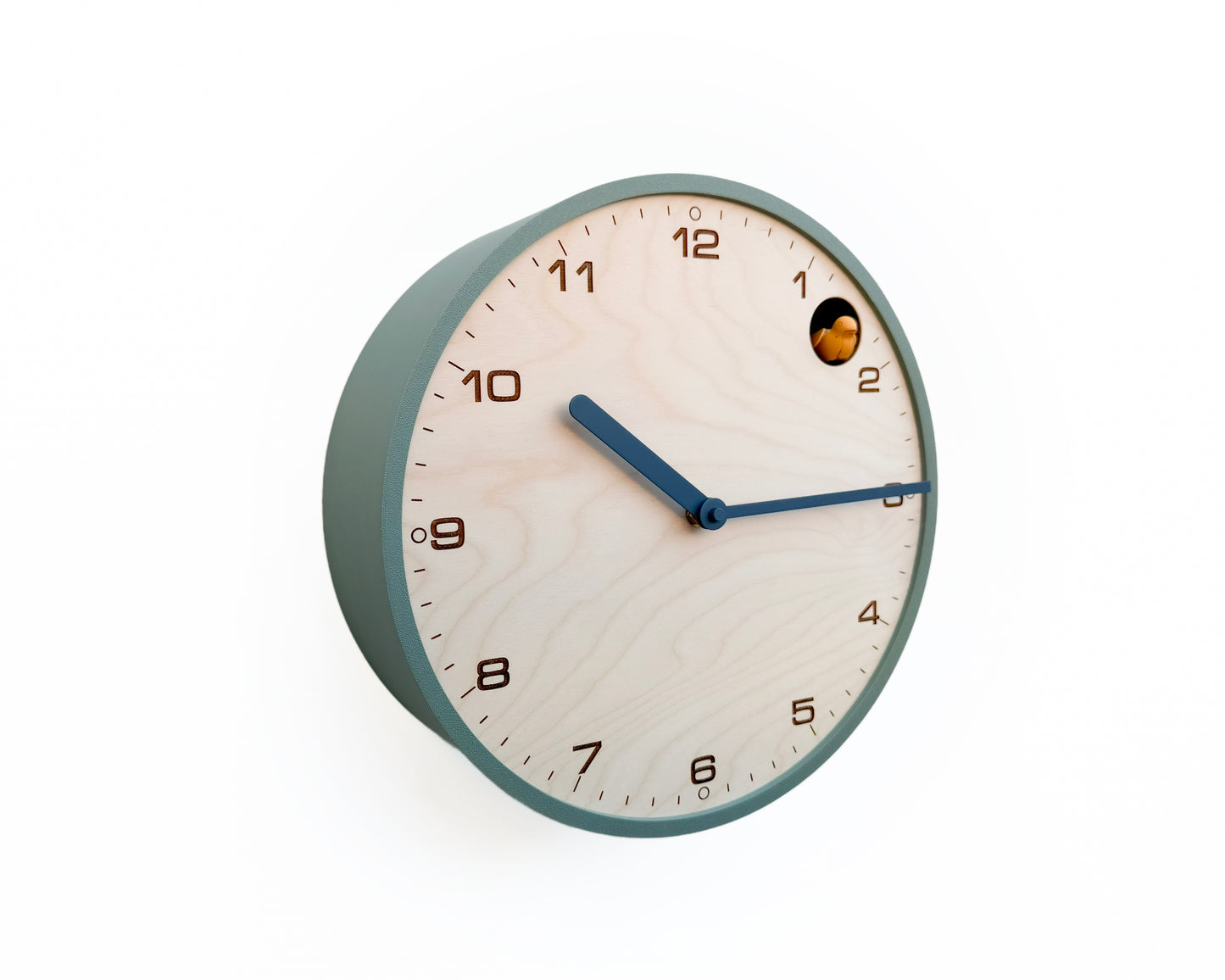 Modern Cuckoo Clock, Muted Green Case, Birch Wood Face, Minimalist Wall Décor