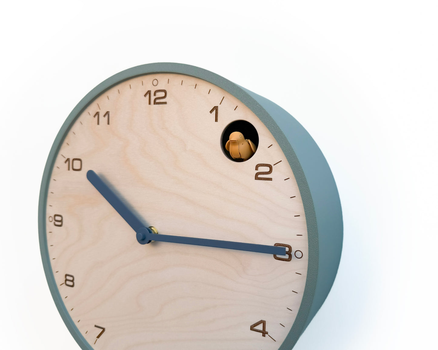 Modern Cuckoo Clock, Muted Green Case, Birch Wood Face, Minimalist Wall Décor
