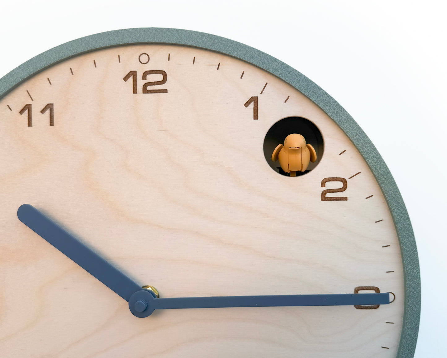 Modern Cuckoo Clock, Muted Green Case, Birch Wood Face, Minimalist Wall Décor