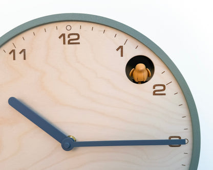 Modern Cuckoo Clock, Muted Green Case, Birch Wood Face, Minimalist Wall Décor