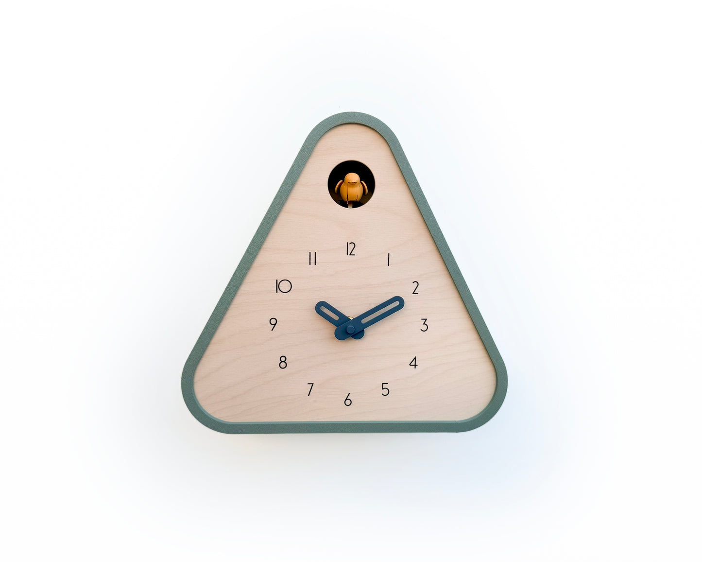 Modern Cuckoo Clock - Muted Green with Amber bird and Wind clock hands