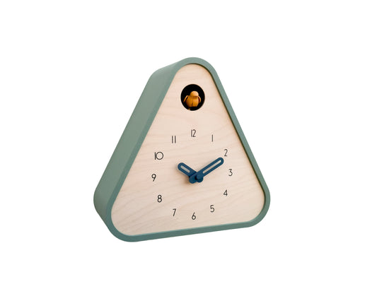 Modern Cuckoo Clock - Muted Green with Amber bird and Wind clock hands