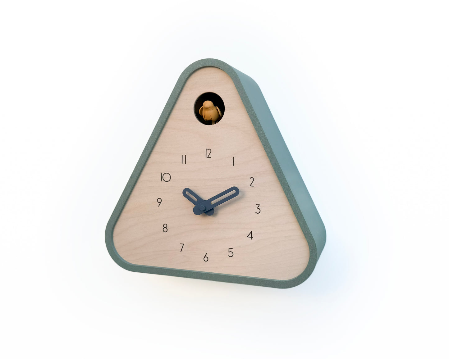 Modern Cuckoo Clock - Muted Green with Amber bird and Wind clock hands