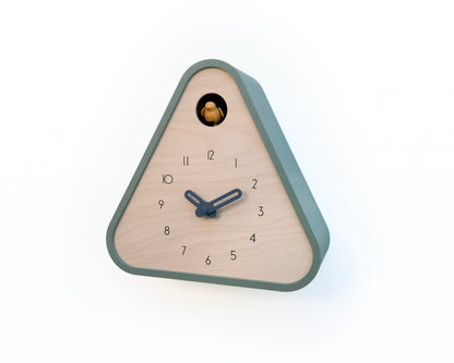Modern Cuckoo Clock - Muted Green with Amber bird and Wind clock hands