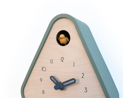 Modern Cuckoo Clock - Muted Green with Amber bird and Wind clock hands